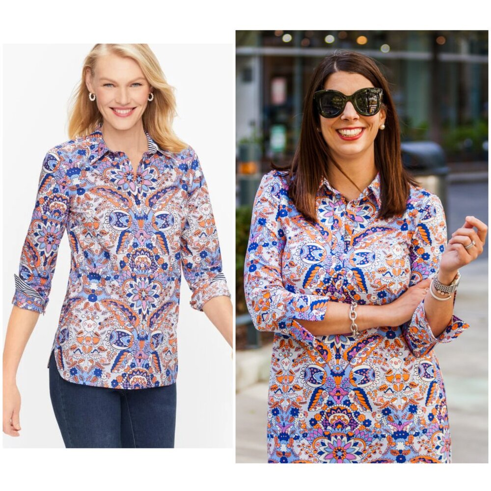 NWOT Talbots Classic Cotton Shirt Button-Up Royal Palm Paisley Floral size 1X